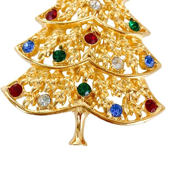 Christmas Tree Brooch Gold Tone Multi Color Rhinestone Festive Holiday Jewelry - Picture 5 of 9